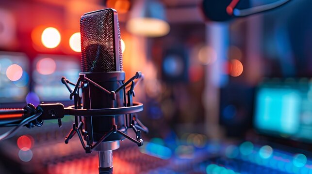 A professional microphone is showcased in a radio station studio, capturing the essence of being on air.