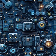 Fototapeta premium A blue and yellow image of electronic components. The image is a representation of the inner workings of a computer or other electronic device