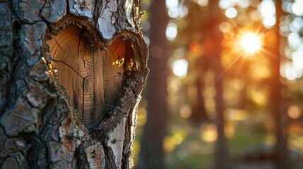 A heart carved on a tree trunk glowing with the light of the sunset in a peaceful forest setting.