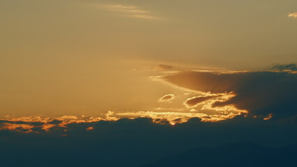 Sunrise Sky With Mountains. Natural Sunrise On Silhouette Shadow Dark Mountains. Timelapse.