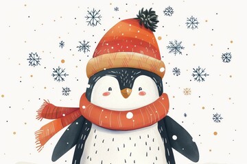 Naklejka premium Isolated vector illustration of a penguin wearing a winter hat, surrounded by snowflakes on a white background, cute and whimsical