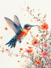 Fototapeta premium Colorful hummingbird hovering near vibrant flowers in a beautiful spring scene, capturing nature's beauty and delicate details.