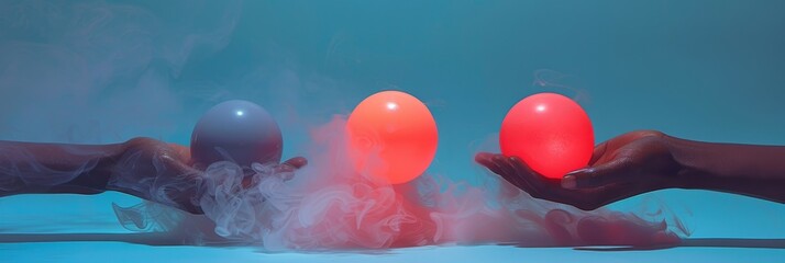 One hand holds sway over three orbs in a misty blue void raspberry pink, cobblestone gray, and clay.