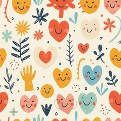 A colorful pattern of cartoon faces and hearts. The faces are smiling and the hearts are in various sizes and colors. Scene is cheerful and happy