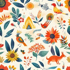 Obraz premium A colorful and detailed painting of various animals and plants. The painting is full of life and energy, with bright colors and intricate details. The overall mood of the painting is joyful
