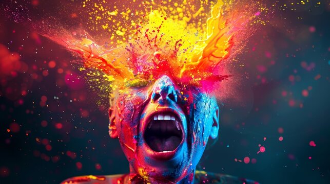 Photograph of a hallucinatory image of a person's head exploding. Suitable for home decoration Using bright and bright neon colors.