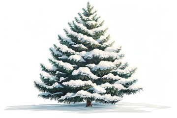 Fototapeta premium Isolated vector illustration of a pine tree covered in snow on a white background, simple and serene 