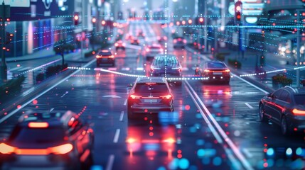 In a busy city center an autonomous vehicle utilizes 5G to communicate with nearby smart traffic signals allowing for smooth merging and minimal stopping.