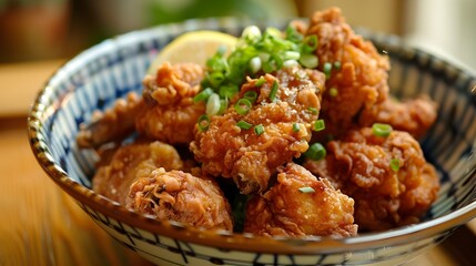 Savory Japanese-Style Fried Chicken Dish Served in a Bowl on a Wooden Table