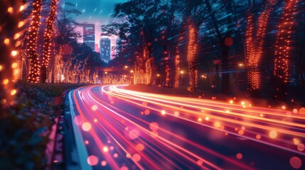 Obraz premium Futuristic data highway with light streaks leading to radiant endpoint, symbolizing information flow.