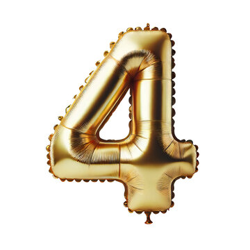 Golden Number 4 Balloon, Shiny metallic balloon shaped as number four, Festive celebration decoration clipart, Transparent Background.