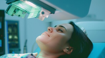 Female subject undergoing X-ray imaging study for osteoporosis, bone density examination on female using C Bone Densitometer apparatus to assess bone tissue density.