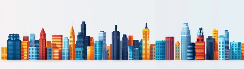 Obraz premium Vibrant Urban Symmetry - Minimalist Cityscape with Clean Lines and Bright Colors, Flat Style Illustration of Modern Metropolis