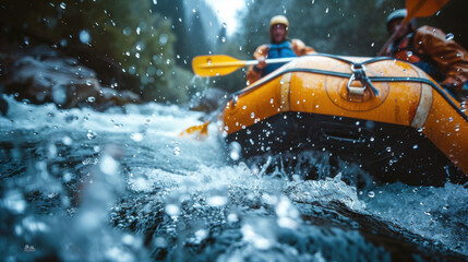 Naklejka premium Close-up shot of a group whitewater rafting through turbulent rapids, highlighting the action and thrill of outdoor adventure.
