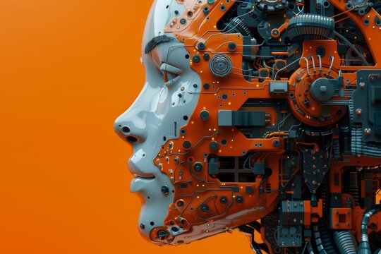 Futuristic robotic face on orange backdrop with AI technology text.