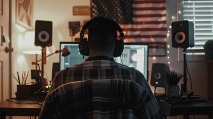 A professional podcaster creates content from their home studio, focusing on podcast production.