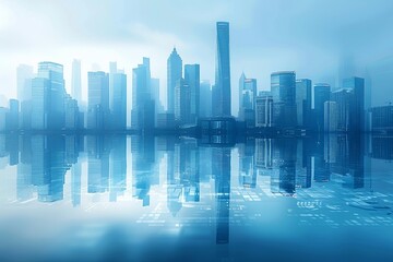 Fototapeta premium Modern city skyline with skyscrappers and reflection created with Generative AI