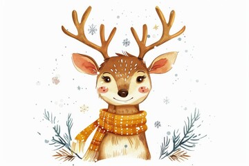 Isolated vector illustration of a reindeer with antlers, wearing a scarf, with snowflakes around it on a white background, whimsical and festive