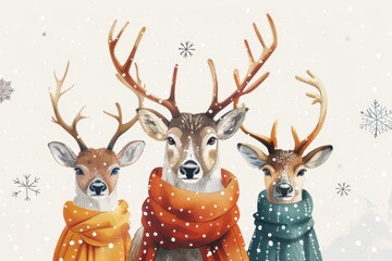 Isolated vector illustration of a reindeer with antlers, wearing a scarf, with snowflakes around it on a white background, whimsical and festive