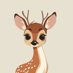 Simple, child-friendly deer illustration with big, expressive eyes and a minimalist design. Brown in color, cheerful in nature.