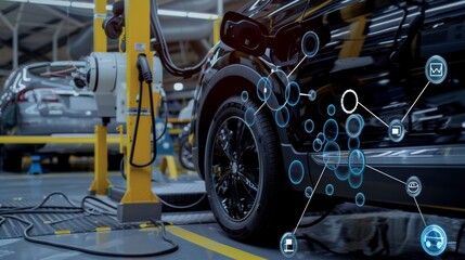 Fototapeta premium The image shows a car assembly line with a focus on a car wheel and technological icons related to connectivity and automation.