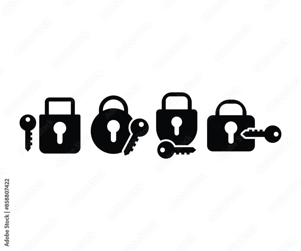Poster secure padlock open key lock icons symbol vector design simple black white color illustration sets