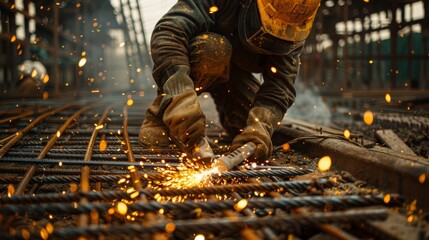Construction worker uses torch to cut steel rebar among dusty urban building site.