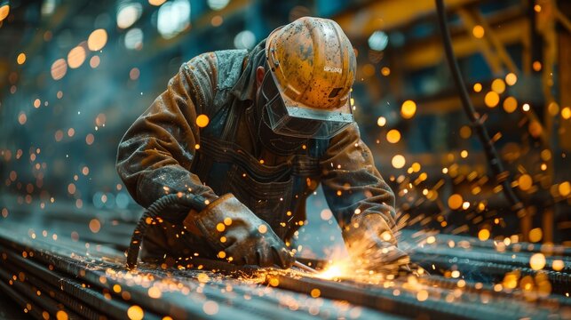 Industrial laborer in safety gear cuts steel bars with a gas torch, sparks flying.