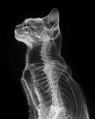 Radiographic image of cat shows detailed bone structure of head, spine, and abdomen.