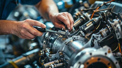 A person is working on mechanical parts of an engine, using tools to tighten or adjust components within a detailed machinery.