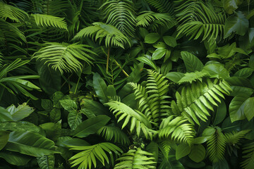 A Dense Array of Vibrant Green Ferns and Broad Leaves in a Lush Forest, Illuminated by Subtle Sunlight, Creating a Serene and Inviting Natural Background