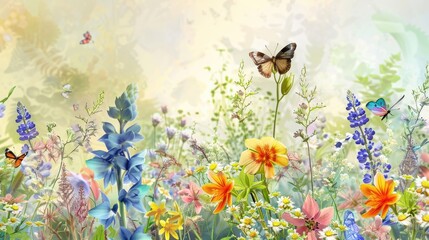 Spring wildflowers in various colors with butterflies background banner featuring False hellebore flower