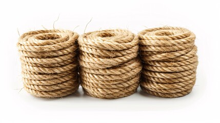 Obraz premium Assorted natural rope spools in different sizes on a white background.