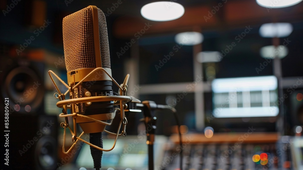 Aufkleber the concept of radio broadcasting is depicted with a microphone in a recording studio or broadcast r