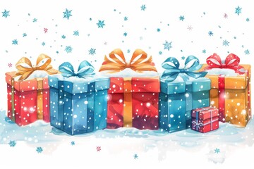 Isolated vector illustration of a set of wrapped holiday presents, with snowflakes around them on a white background, colorful and festive