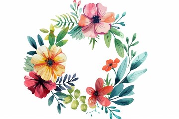 Obraz premium Isolated vector illustration of a spring wreath with fresh flowers and leaves on a white background, festive and colorful 