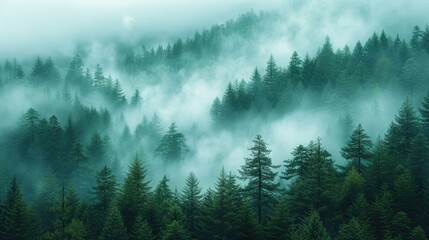 Mystical foggy cloudy mountain landscape. AI generated illustration 