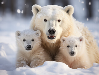 Naklejka premium A polar bear mother and her cubs playing in the snow