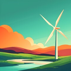 Fototapeta premium Scenic Wind Power Landscape in Flat Design Side View with Complementary Color Scheme