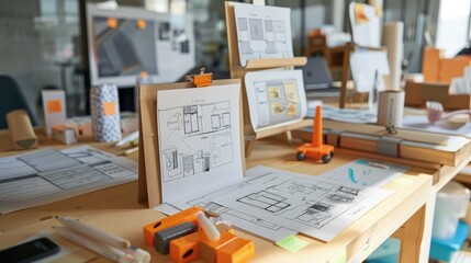 Product packaging design session with sketches and prototypes on display