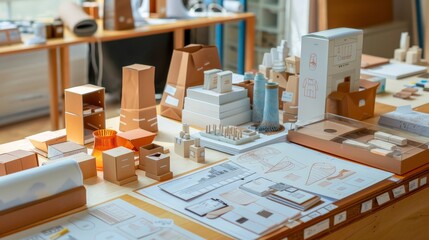 Product packaging design session with sketches and prototypes on display