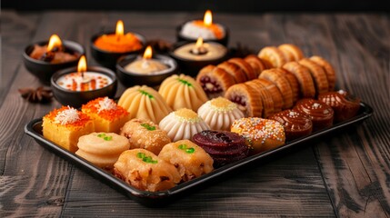 Traditional Indian sweets arranged on a festive tray, ready for distribution among family and friends, a central part of the Diwali celebrations