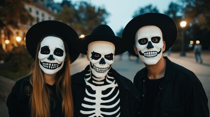 Group of friends dressed as famous horror movie characters, posing for photos at a Halloween party, capturing the fun and creativity of costume celebrations