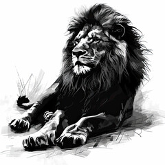 A black and white drawing of a lion