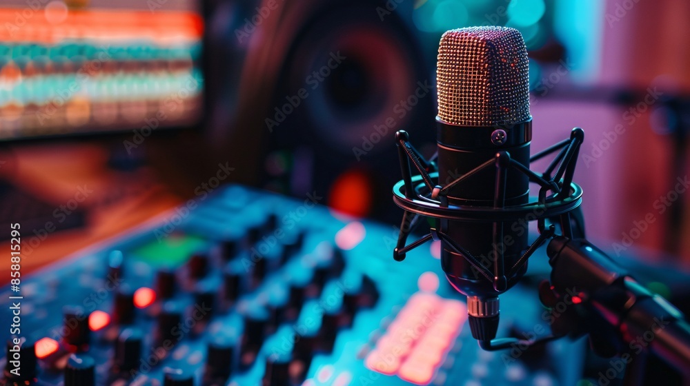 Aufkleber the concept of radio broadcasting is depicted with a microphone in a recording studio or broadcast r