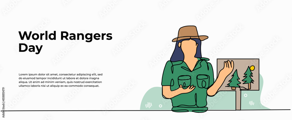 Poster vector illustration of the forest guard gave an explanation.modern flat in continuous line style.