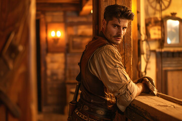 a man in a brown vest leaning against a wooden wall