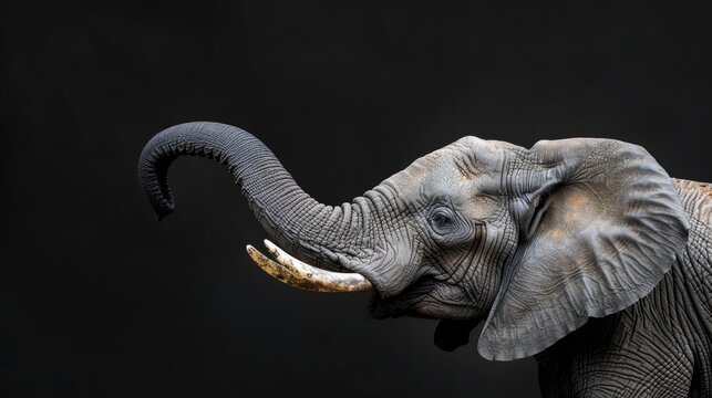 African elephant posing with raised trunk on black background