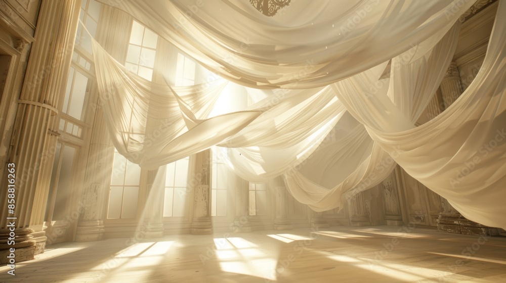 Poster elegant fabric ds floating down from a high ceiling creating an enchanting and romantic atmosphere.