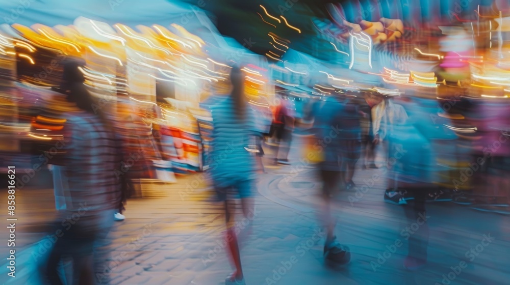 Poster defocused lights and shadows dance across the canvas of the street art fair adding to its dynamic at